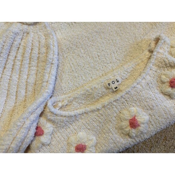 Anthropologie POL Sweater Top Medium M Cream Pink Flower Puffs Washable NEW - Picture 7 of 13